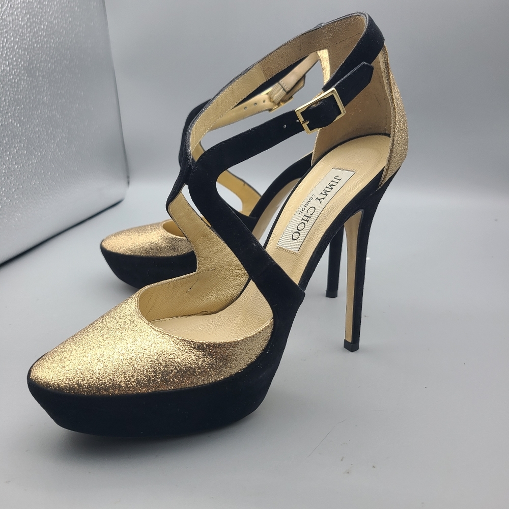 Jimmy Choo black suede glitter  pumps heel shoes sz 8.5 - Picture 7 of 11